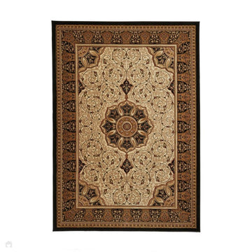 Heritage 4400 Traditional Medallion Floral Tonal Vine Border Soft Carved Hi-Low Durable Polypropylene Cream/Golden Beige/Black Rug-Think Rugs-Rug Love - The Most Loved Rug Store